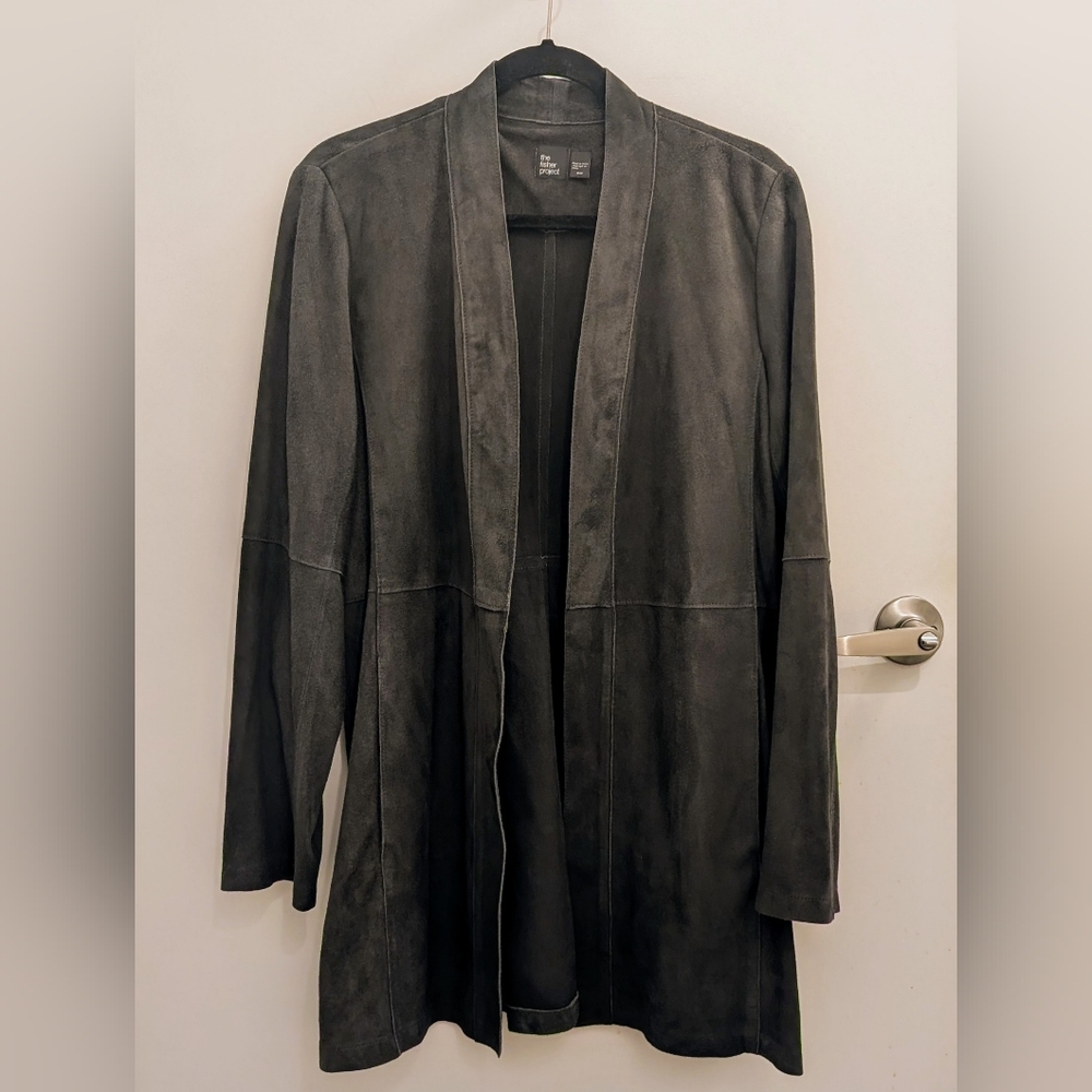 Eileen Fisher FISHER PROJECT Grey Goat Suede Leather Long Kimono Jacket, SZ M